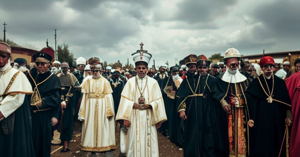 Tradycyjne katolicyczne procesja w historycznej Luandzie z 'Papieżem' Leonem XIV i biskupami Kryspinem Dubielem i José Manuel Imbambą.