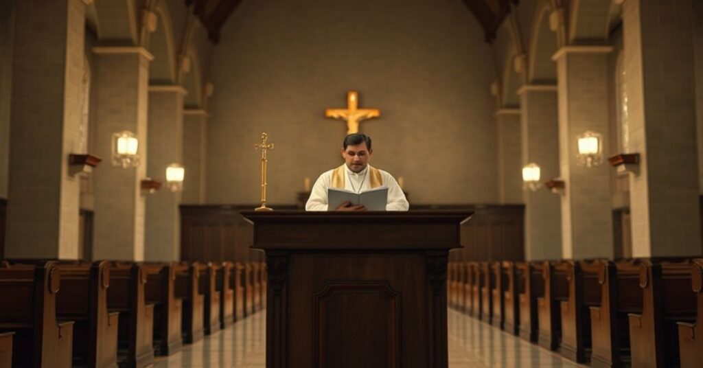 Wnętrze kościoła z pusterką Leonem XIV wygłaszającym herezyjną homilię podczas pasterki