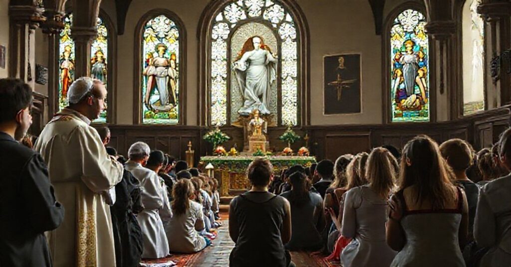 Starożytna katolicka kaplica z grupą modlących się młodzieży przed figurką Najświętszego Serca Pana Jezusa, z Leonem XIV w szatach papieskich w tle.