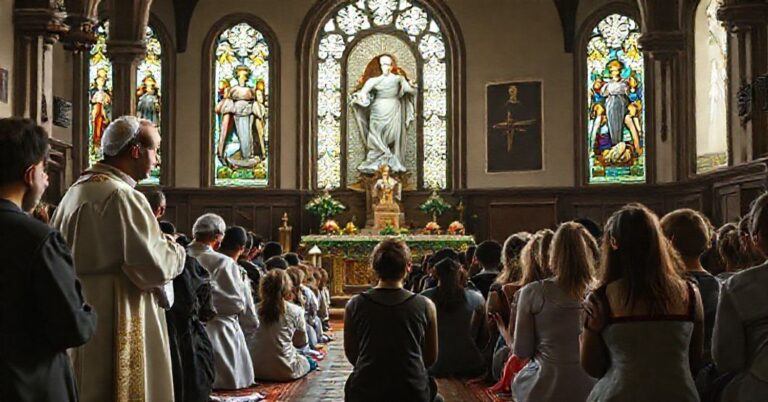Starożytna katolicka kaplica z grupą modlących się młodzieży przed figurką Najświętszego Serca Pana Jezusa, z Leonem XIV w szatach papieskich w tle.