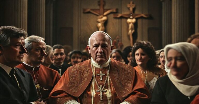 Leon XIV podczas audiencji jubileuszowej otoczony przez aktywistów i Dorothę Day w tle krzyż Chrystusa