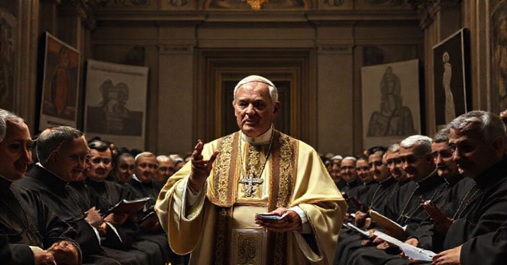 Zdjęcie przedstawia fałszywego papieża 'Leona XIV' podczas przemówienia do Papieskiej Komisji ds. Ochrony Nieletnich. Scena jest uzupełniona kontrowersyjnymi elementami modernizmu.