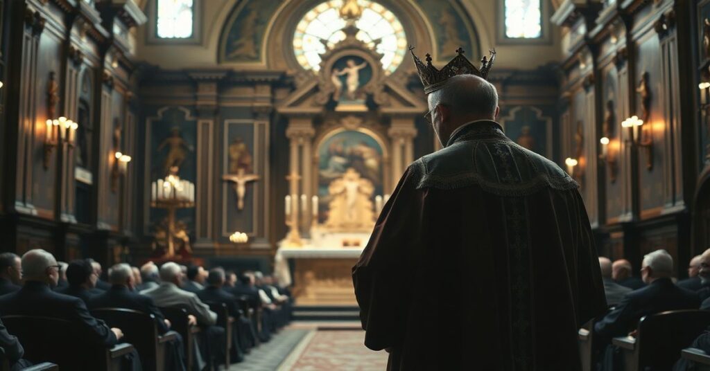 Zdjęcie przedstawiające fałszywego papieża Leona XIV i jego modernistycznych biskupów w pustej sali konferencyjnej bez obecności Chrystusa Króla.