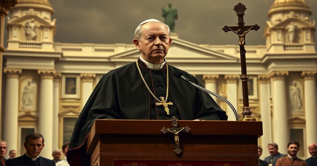 Portret Leona XIV (Roberta Prevosta) podczas przemówienia przed Papieską Akademią Nauk Społecznych w Watykanie.