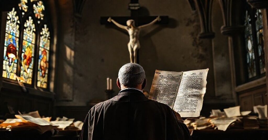 Tradycyjny ksiądz modlący się przed krzyżem w starym kościele z rozrzuconymi stronami heretyckiej księgi Leona XIV