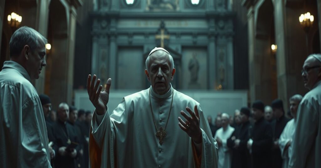 Scena przedstawiająca Leona XIV mówiącego do duchowieństwa w Rzymie, z pozawyżonymi gestami i pustą retoryką modernizmu.