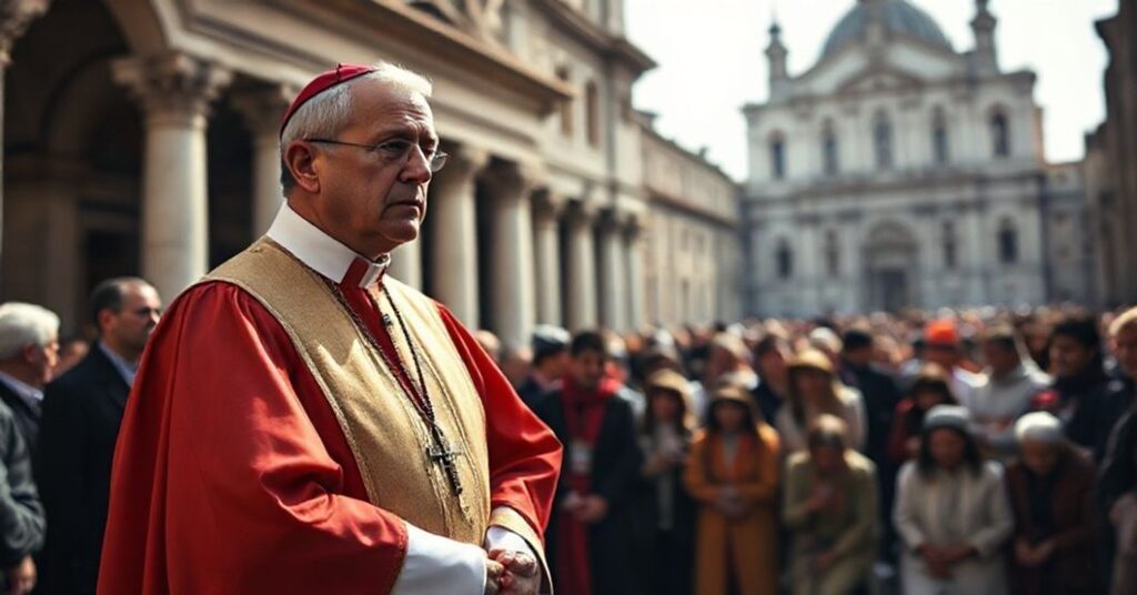 Tradycyjny ksiądz katolicki w ornatach przed Romami, symbolizujący zniszczenie Kościoła przez modernistyczne nauki.
