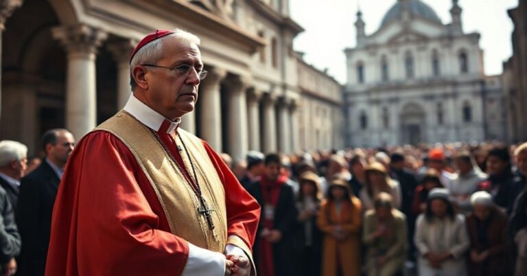 Tradycyjny ksiądz katolicki w ornatach przed Romami, symbolizujący zniszczenie Kościoła przez modernistyczne nauki.