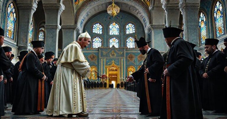 Obraz przedstawiający "papieża" Leona XIV podczas wizyty w Błękitnym Meczecie w Stambule, symbolizujący odrzucenie Królestwa Chrystusa.