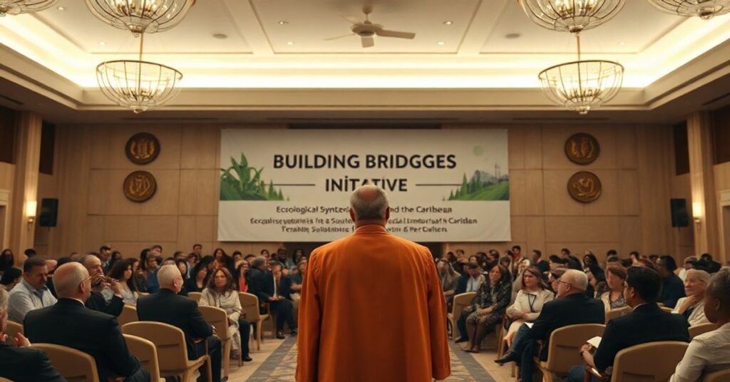 Leon XIV (Robert Prevost) podczas spotkania z liderami sektora energetycznego z Ameryki Łacińskiej i Karaibów w ramach 'Building Bridges Initiative'. Scena symbolizuje modernistyczny odrzucenie misji Kościoła katolickiego.