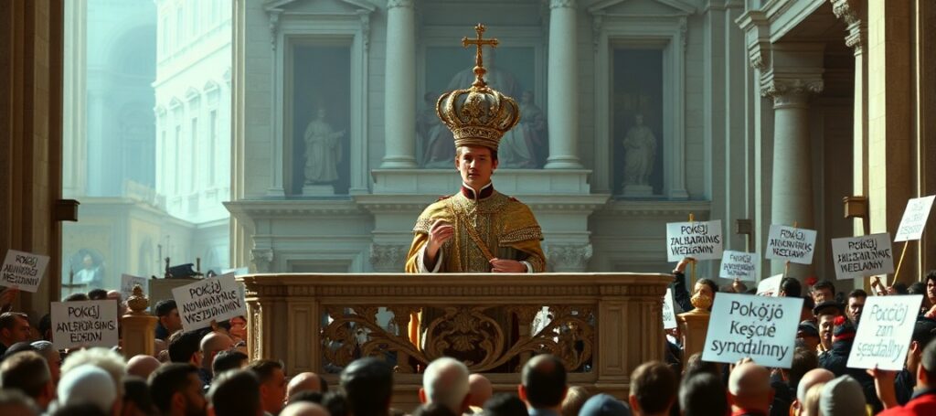 Obraz przedstawiający Leona XIV na loggii Bazyliki św. Piotra podczas jego pierwszego przemówienia. Tło uzupełniają ludzie trzymający transparenty z hasłami 'Pokój z wami wszystkimi' i 'Kościół synodalny'.