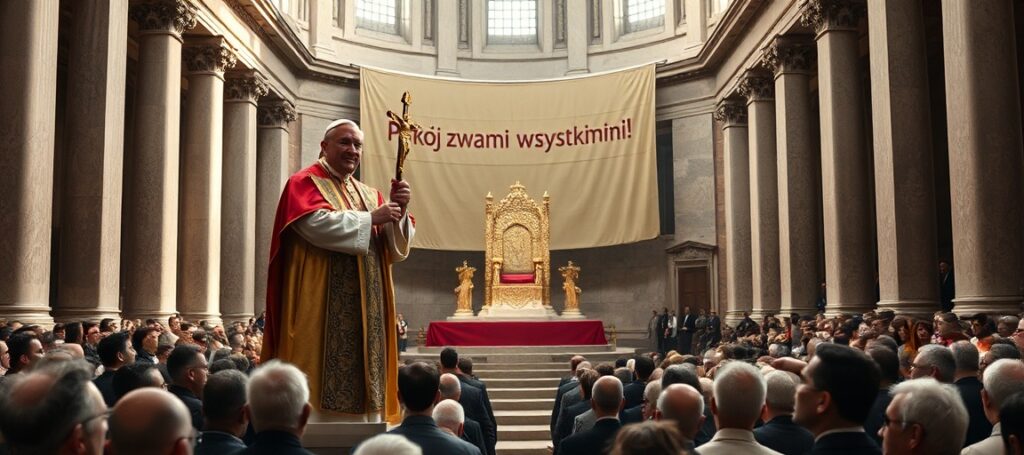 Uroczysta scena w Bazylice św. Piotra z Leonem XIV na loggii. Tło stanowi wielkość bazyliki. Leon XIV w tradycyjnych szatach papieskich trzyma krzyż, ale jego wyraz twarzy jest oszukańczy i fałszywie pobożny. Za nim wiszy transparent z napisem 'Pokój z wami wszystkimi!', obok pustego tronu papieskiego symbolizującego pustą stolicę od 1958 roku. Tłum poniżej wydaje się podzielony: niektórzy patrzą z czcią do góry, inni wyglądają niepewnie lub sceptycznie.