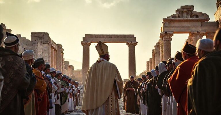 Fałszywy papież Leon XIV podczas ekumenicznej pielgrzymki do Turcji i Libanu przed starożytnymi ruinami Nicei, otoczony przedstawicielami różnych religii.