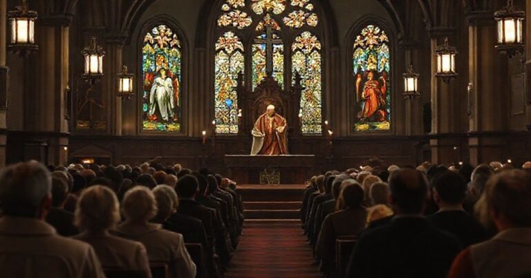 Tradycyjny wnętrze kościoła podczas Pasterki z Leonem XIV na kazalnicy.