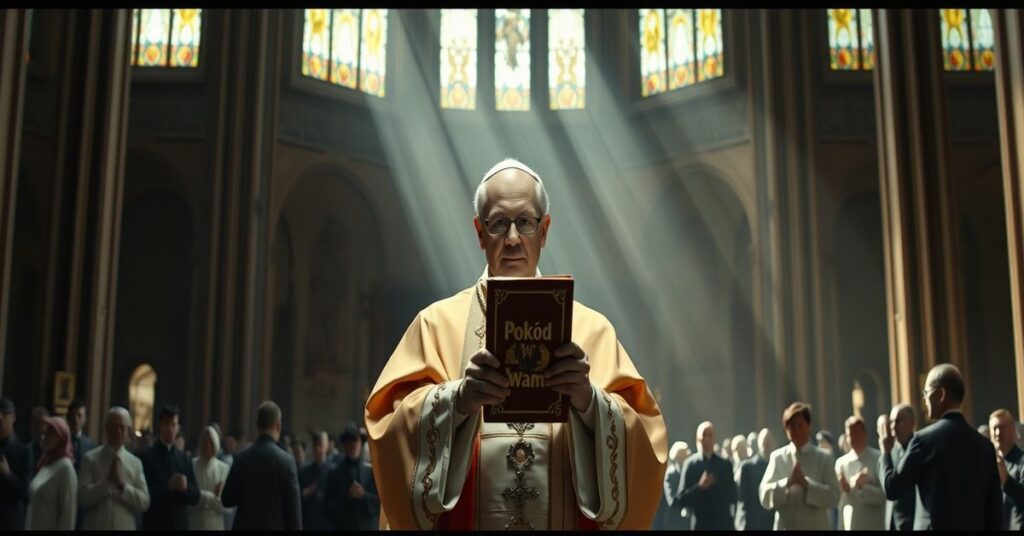 Sedevacantist critical image of Leon XIV (Robert Prevost) in a cathedral promoting false peace without Christ's kingship.