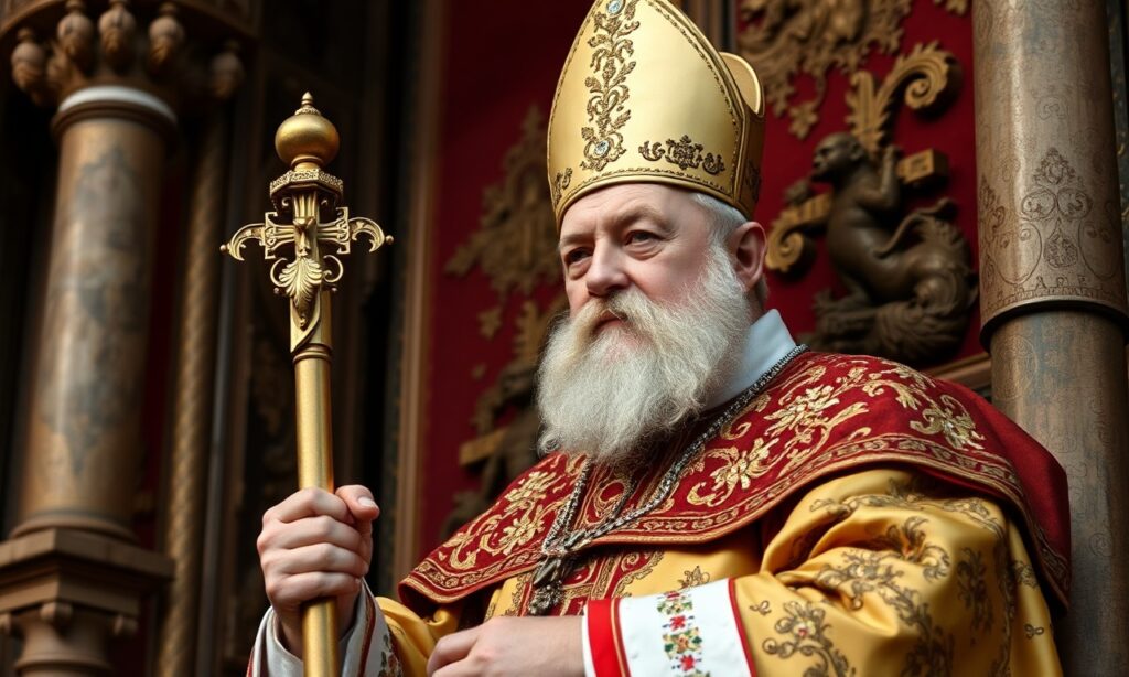 Leon XIV w tradycyjnym stroju papieskim wydaje dokument Ecclesiastica Communio nowemu patriarchowi chaldejskiemu Polisowi III Nona przed siedzibą Watykanu.