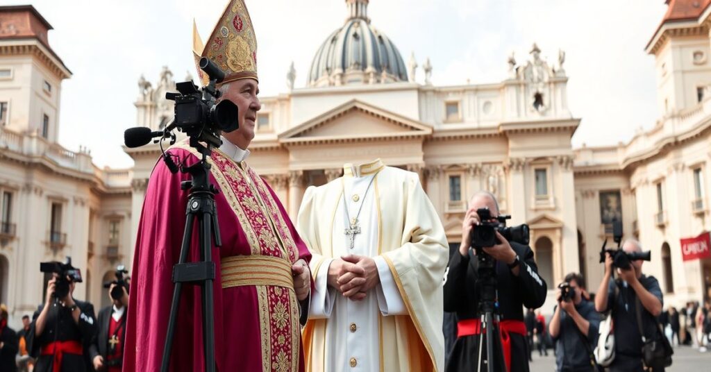 Portret fałszywego papieża Leona XIV (Roberto Prevosta) na Placu św. Piotra bez odwołania do Chrystusa Króla
