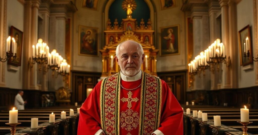 Wnętrze katolickiego kościoła z tradycyjnym ołtarzem i sedewakantystą kapłanem potępiającym spotkanie "Leona XIV" z gubernatorem Pritzkerem w sprawie legalizacji eutanazji.