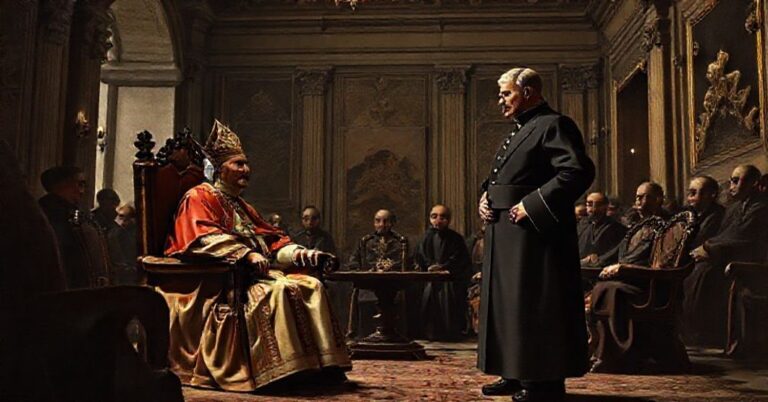 Skandaliczne spotkanie pseudo-papieża Leona XIV z gubernatorem Illinois JB Pritzkerem w Watykanie, symbolizujące upadek katolickiej doktryny.