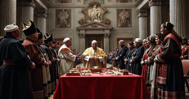 Uroczysta chwila podczas audiencji w Watykanie, gdzie uzurpator Leon XIV przekazuje 62 artefakty rdzennej ludności kanadyjskim "biskupom" w przestronnym salonie z klasyczną architekturą.