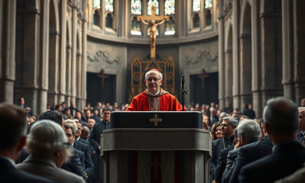 Leon XIV przemawia do członków Urzędu Powszechnego Kościoła i Dialogu w archidiecezji kolońskiej w środowisku pozbawionym tradycyjnych katolickich symboli.