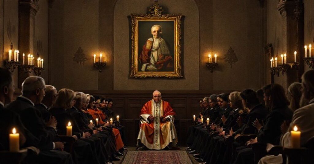 Uroczysta kaplica katolicka z tradycyjnymi ikonami podczas rzekomego "dialogu" z Leonem XIV i ofiarami wykorzystywania seksualnego.