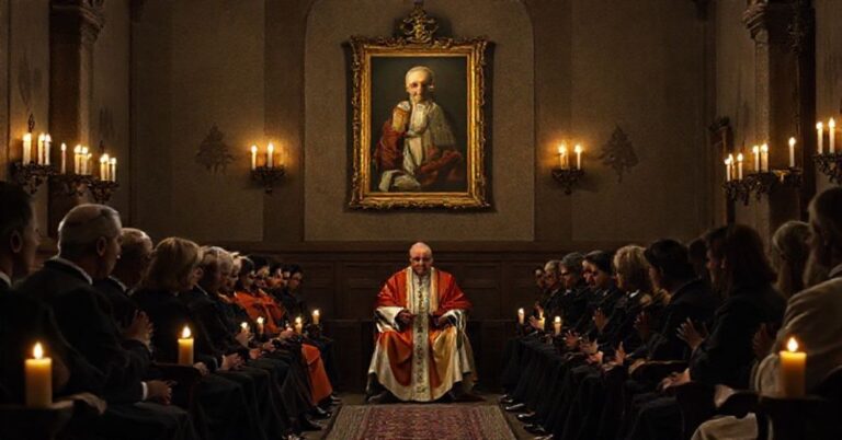 Uroczysta kaplica katolicka z tradycyjnymi ikonami podczas rzekomego "dialogu" z Leonem XIV i ofiarami wykorzystywania seksualnego.