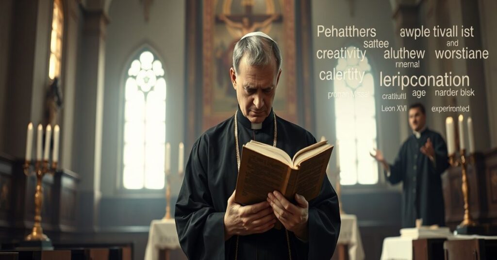 Tradycyjny ksiądz w kościele modlący się przed ołtarzem z krzyżem i świecznikami podczas przemówienia Leona XIV o psychologii kapłańskiej