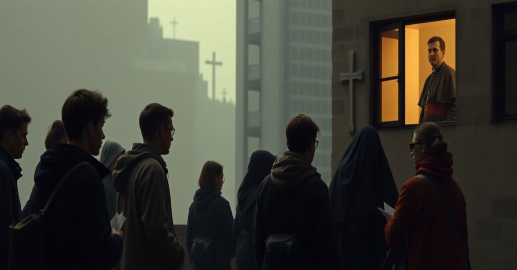 Grupa młodych ludzi zaangażowanych w działalność społeczną pod okiem Leon XIV (Robert Prevost), symbolizującą redukcję misji Kościoła do aktywizmu.