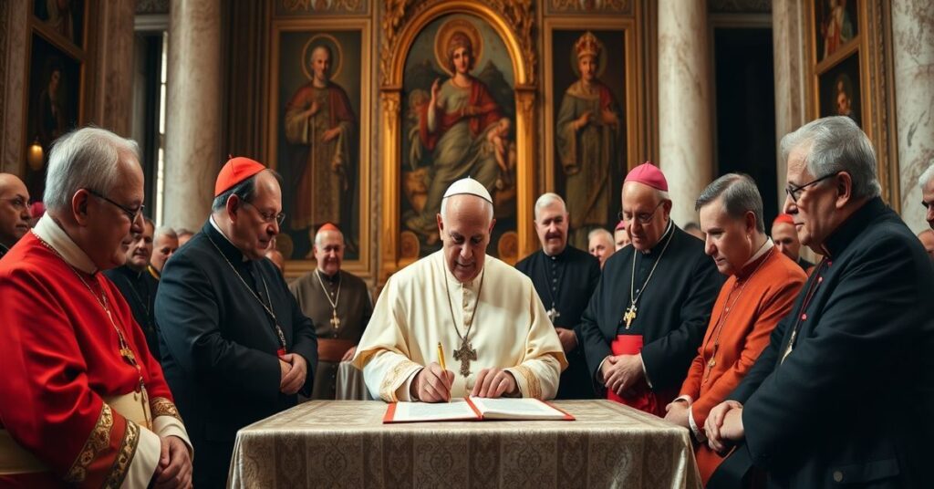 Obrązek przedstawiający "Papieża" Leona XIV podczas podpisywania dekretu w Watykanie, otoczonego przez "kardynałów" w tym Raymonda Leo Burka i Victora Manuela Fernándeza. Scena podkreśla powrót do przywilejów mieszkaniowych w kurii rzymskiej.