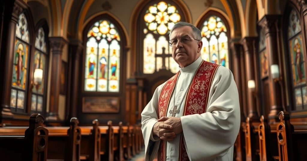 Tradycyjny katolicki kapłan w pełnym stroju liturgicznym w kaplicy św. Moniki, symbolizujący 43 lata wiernej służby kapłańskiej