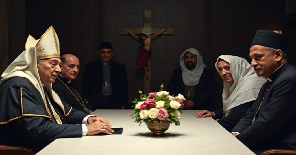 Zdjęcie przedstawiające spotkanie uzurpatora Leona XIV z przywódcami muzułmańskimi w Nuncjaturze Apostolskiej w Bamendzie, Kamerun.