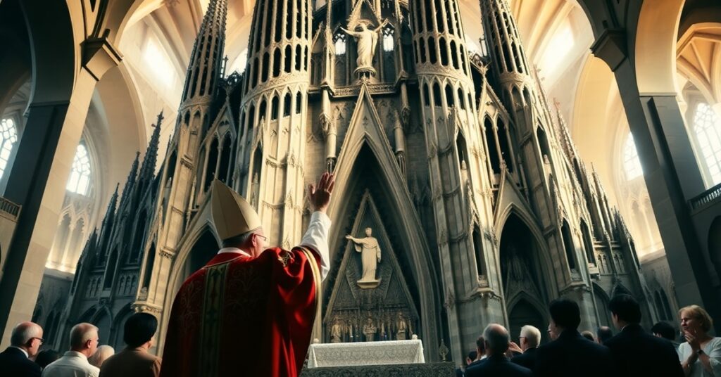 Obraz przedstawiający Sagradę Familię w Barcelonie z nieukończoną wieżą Jezusa Chrystusa na tle. Leon XIV w papieskich szatach stoi przy ołtarzu, podnosząc rękę w fałszywym błogosławieństwie. Scena jest wypełniona elementami architektury modernistycznej, ale atmosfera jest duchowej pustki. Nie ma prawdziwych sakramentów, tylko inscenizowana 'celebracja' bez obecności Chrystusa.