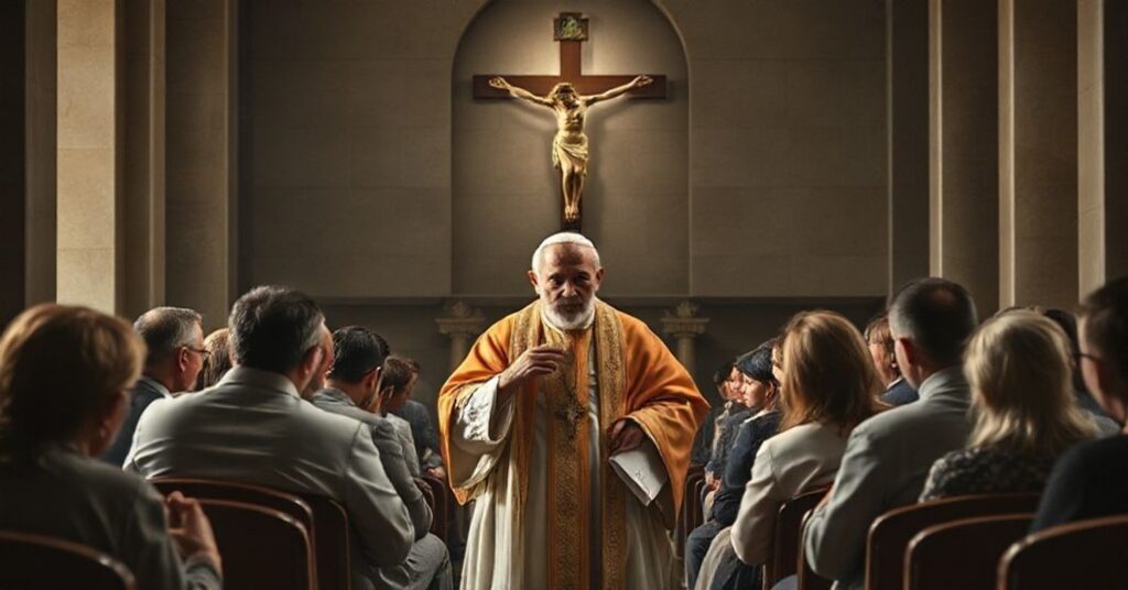 Obraz przedstawiający fałszywego papieża Leona XIV w nowoczesnym kościele otoczonego osobami zmagającymi się z myślami samobójczymi. Scena podkreśla modernistyczny błąd pastoralnej troski i relatywizację grzechu samobójstwa.