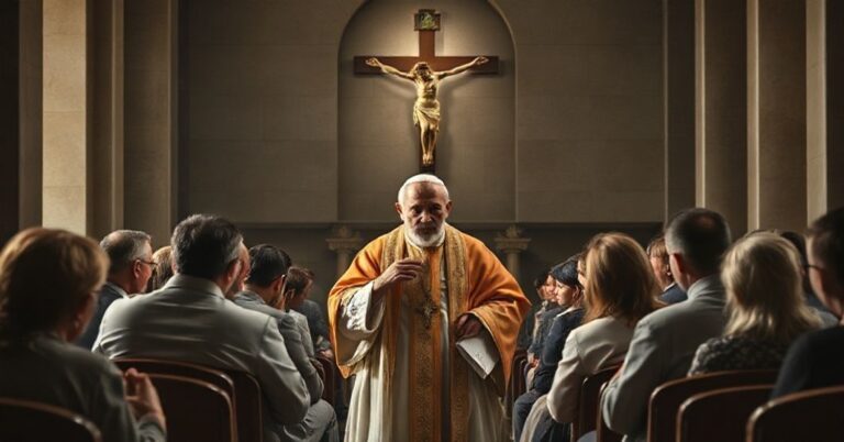 Obraz przedstawiający fałszywego papieża Leona XIV w nowoczesnym kościele otoczonego osobami zmagającymi się z myślami samobójczymi. Scena podkreśla modernistyczny błąd pastoralnej troski i relatywizację grzechu samobójstwa.