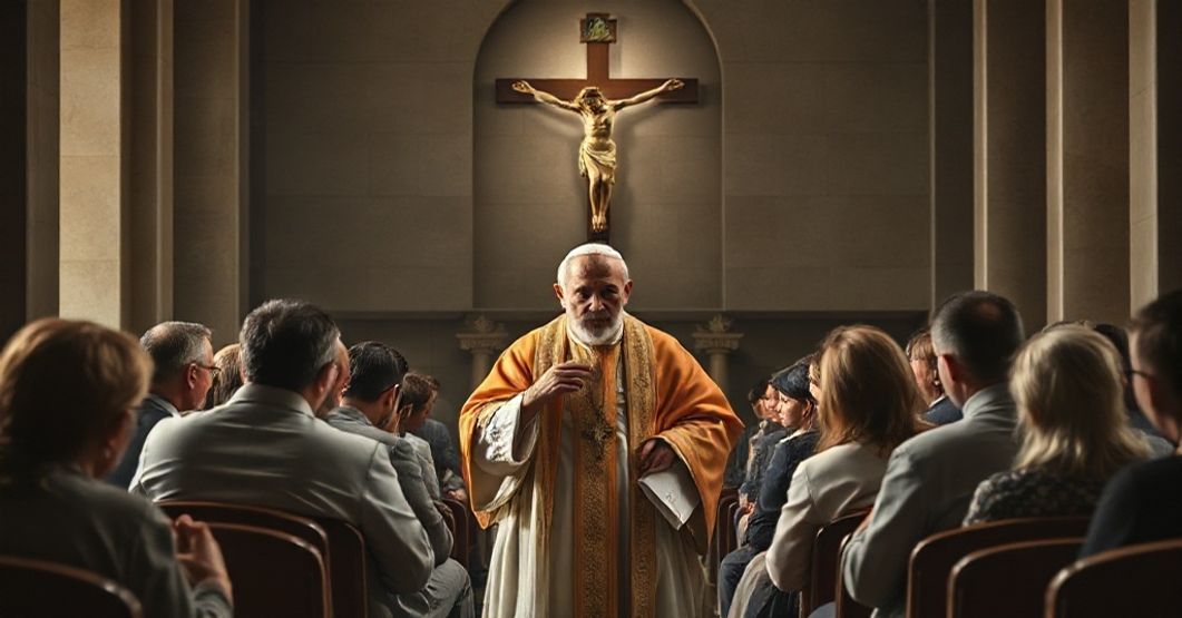 Obraz przedstawiający fałszywego papieża Leona XIV w nowoczesnym kościele otoczonego osobami zmagającymi się z myślami samobójczymi. Scena podkreśla modernistyczny błąd pastoralnej troski i relatywizację grzechu samobójstwa.
