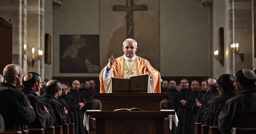 Fałszywy papież Leon XIV w kościele Sant'Anselmo otoczony modernistycznymi benedyktynami