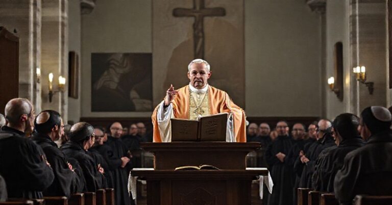 Fałszywy papież Leon XIV w kościele Sant'Anselmo otoczony modernistycznymi benedyktynami