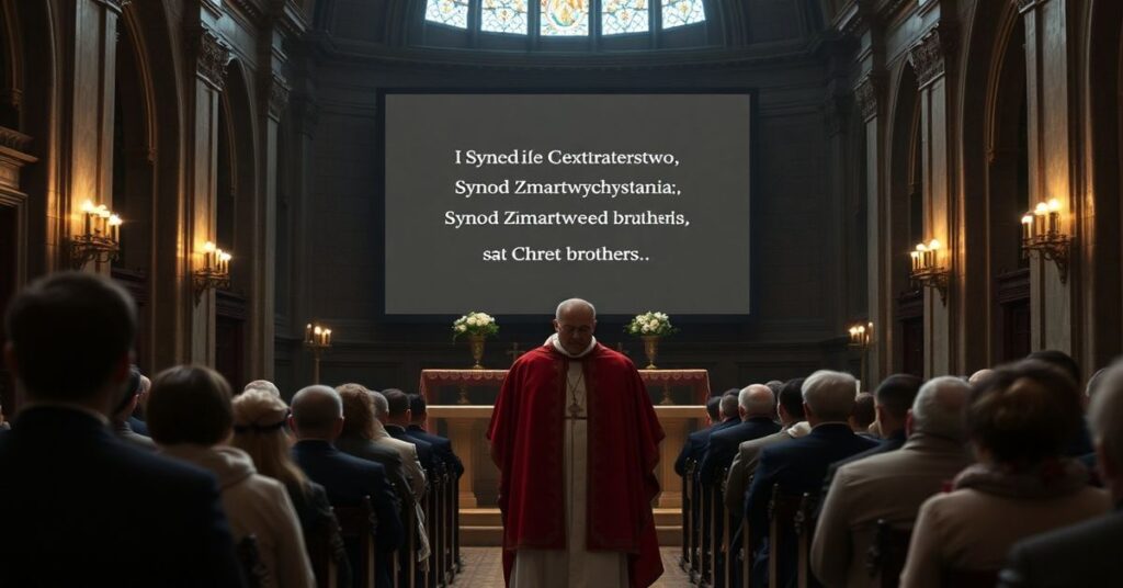 Uroczysty wnętrze kościoła z Leo XIV podczas fałszywej homilii w Saurimo.