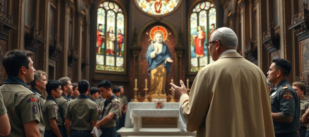 Wizerunek przedstawiający fałszywe nauczanie 'Papy' Leona XIV skierowane do skautów w tradycyjnym kościele katolickim.