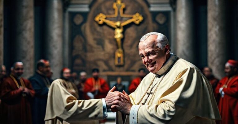 Obraz przedstawiający Leona XIV spotykającego się z dwoma mężczyznami w związku sodomickim w Watykanie.