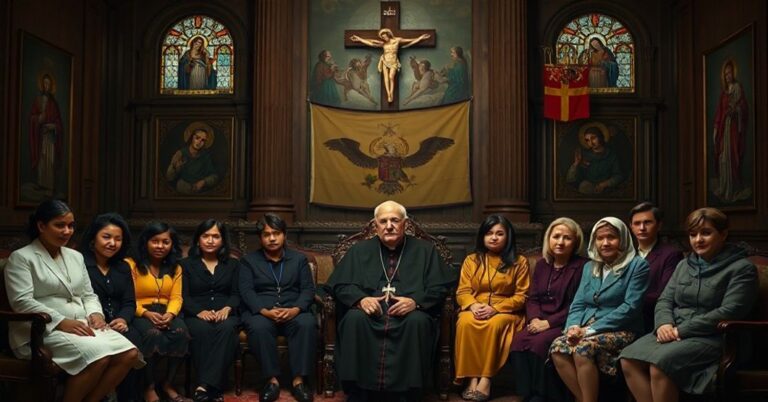 Zdjęcie przedstawiająca Roberta Prevosta (Leona XIV) podczas spotkania z ofiarami nadużyć seksualnych w Watykanie. Scena jest ciemna i poważna.