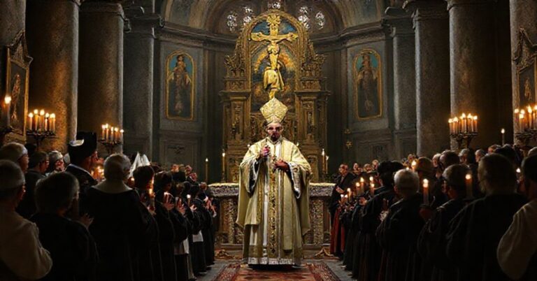 Obraz przedstawiający "papieża" Leona XIV mówiącego w Katedrze Ducha Świętego w Stambule na temat małości Kościoła i ewoluującej doktryny.