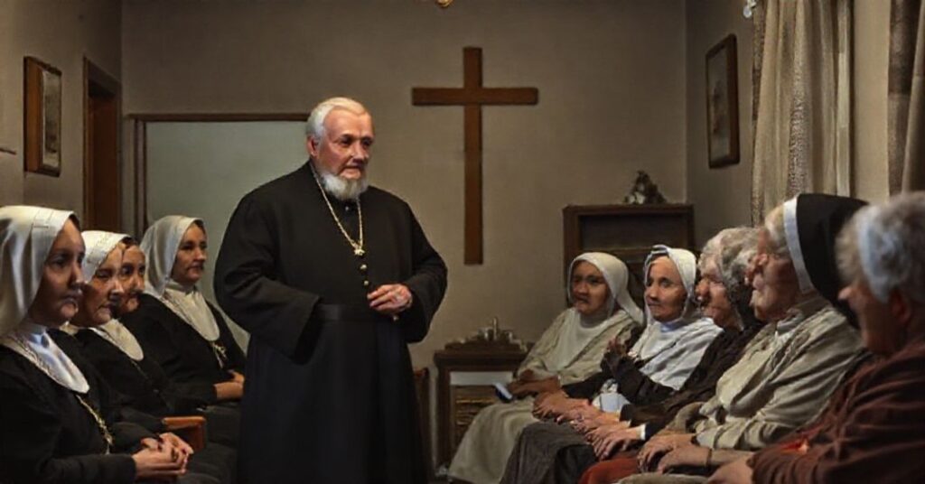 Leon XIV podczas przemówienia w domu opieki w Stambule, otoczony przez siostry zakonne i starszych osób.