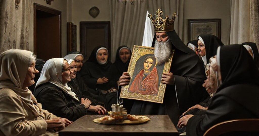 Obraz przedstawiający fałszywe spotkanie Leona XIV z osobami starszymi w domu opieki w Stambule. Scena podkreśla manipulację emocjami i modernistyczną zdezorientowaną pobożność.