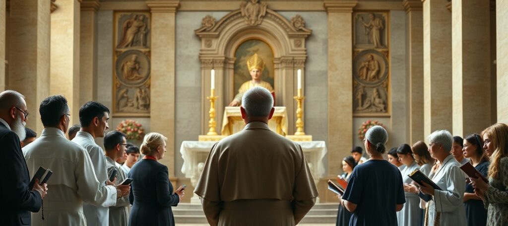 Grupa świeckich przed modernistycznym ołtarzem w Watykanie słuchających przemówienia Leonem XIV o „komunii” i „służbie” w apostackim Kościele
