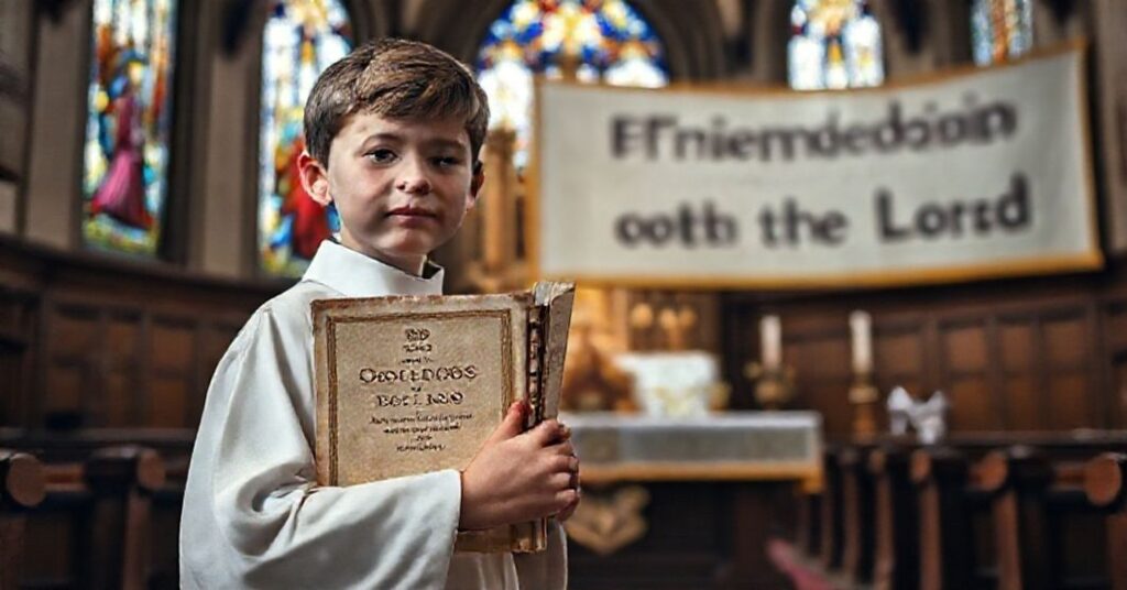 Tradycyjna katolicka scena przedstawiająca młodzież w kościele z witrażami Chrystusa Króla, z encykliką Piusa XI o jego królewskiej godności