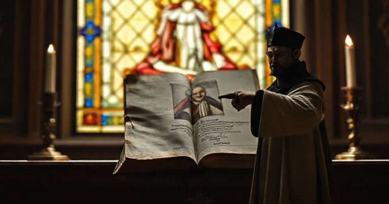 Ołtarz katolicki z rozdartą książką Leona XIV "Światło Ewangelii" i postacią św. Roberta Bellarmina wskazującego na nią z wzruszeniem.