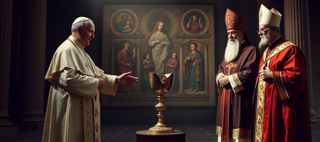 Obrzękowa postać Leon XIV w papieskich insygniach z Patriarchą Tawadrosem II Koptyjskiego Kościoła Prawosławnego na tle Watykanu.