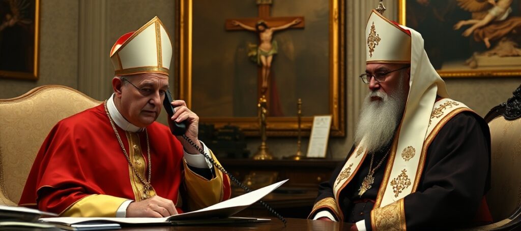 Obraz przedstawiający uzurpatora Leona XIV w Watykanie podczas rozmowy telefonicznej z patriarchą koptyjskim Tawadrosem II w sprawie wznowienia dialogu ekumenicznego po zapewnieniach dotyczących błogosławieństw dla par tej samej płci.